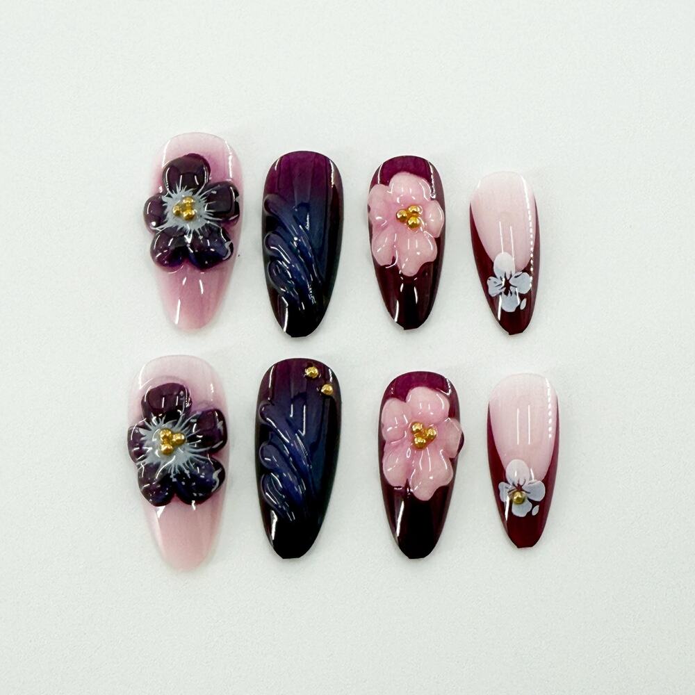 3D Purple Floral Press On Nails, Purple Nail Art, Romantic Purple Nails